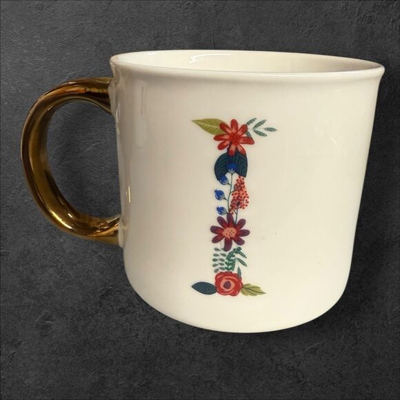 Opalhouse Floral Monogram “I” Mug with Gold Handle Large Porcelain Coffee Cup - Picture 2 of 9